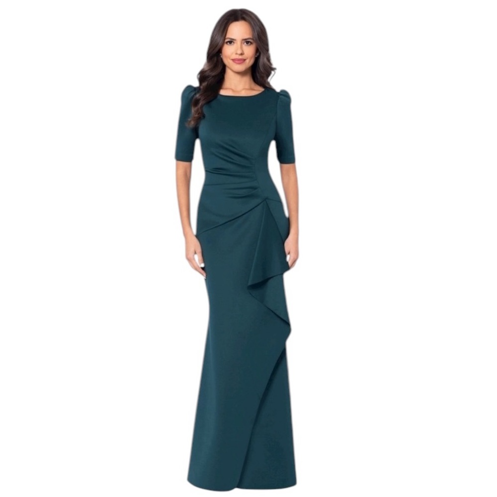 Xscape Teal Green Maxi Dress with Draped Ruffle